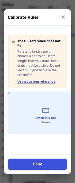 Narrow-screen calibration warning above a card outline whose right edge is clipped