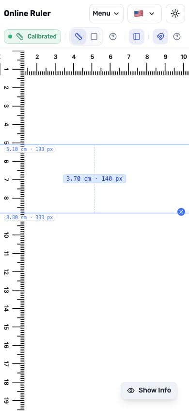 Phone ruler with two horizontal guidelines and their distance displayed in centimeters